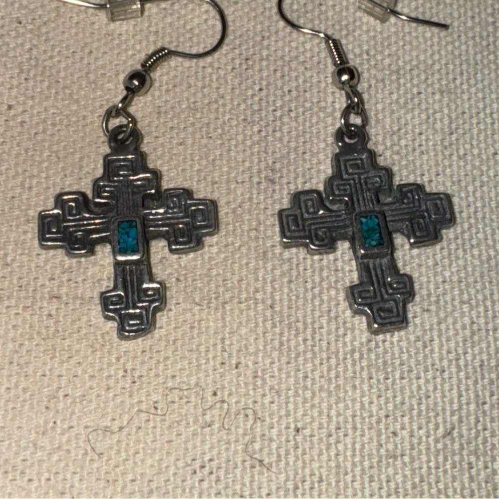Burnished & Hammered .925 Silver & Turquoise Inlay Accent Cross Dangle Earrings